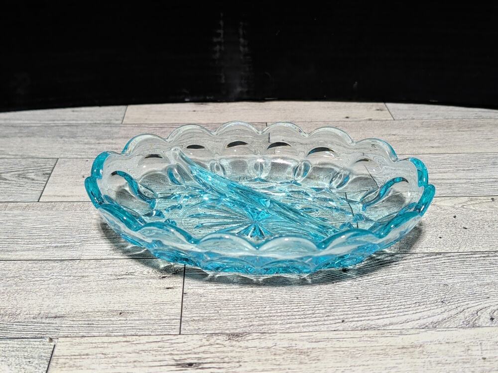 Vintage Fairfield Aqua Blue Anchor Hocking Divided Glass Relish Dish Candy Dish